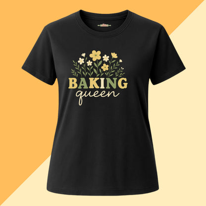 Black t-shirt with 'Baking Queen' text and floral design on a two-tone background